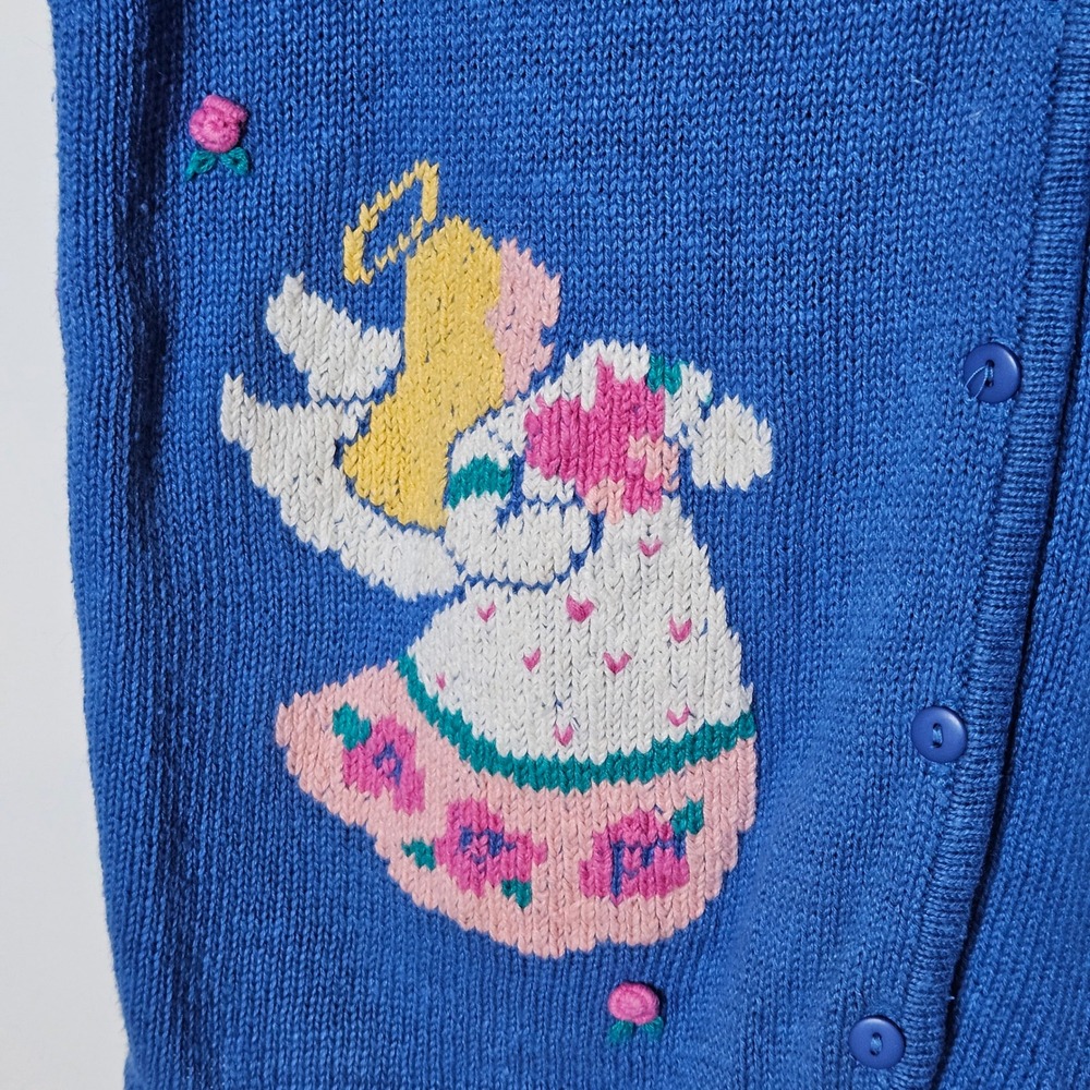 IVY Vintage Hand Embroidered Angel Floral Knit Grandma Sweater Vest Blue XL - Picture 3 of 5